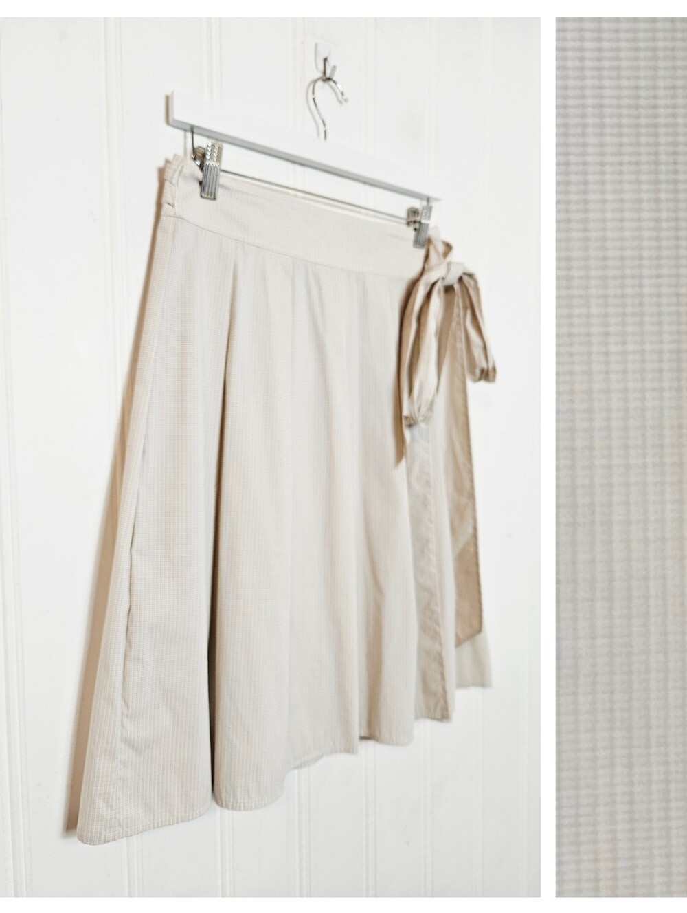 Theory Wrap Skirt Sz 2 Pleated A-Line Knee Tie Waist Cotton Blend Beige Tan